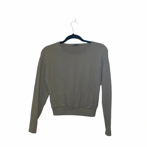 Zara Olive Green Knit Long Sleeve Pullover Cropped Sweatshirt Small Women’s - Picture 1 of 11
